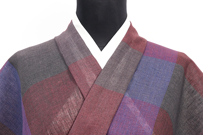 本麻 夏着物 近江 ルポワン染め チェック 赤紫×濃灰×青