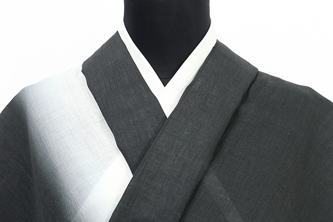 近江ちぢみ 本麻 夏着物 広幅 楊柳 ぼかし 黒×白