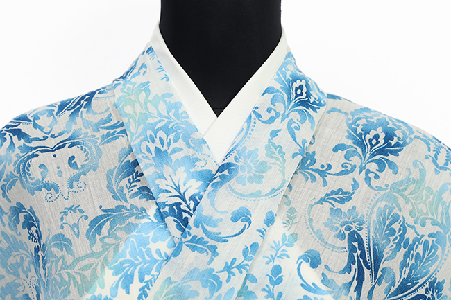 近江ちぢみ IKS 本麻 夏着物 広幅 楊柳 クラシック アラベスク 生成り地 ブルー