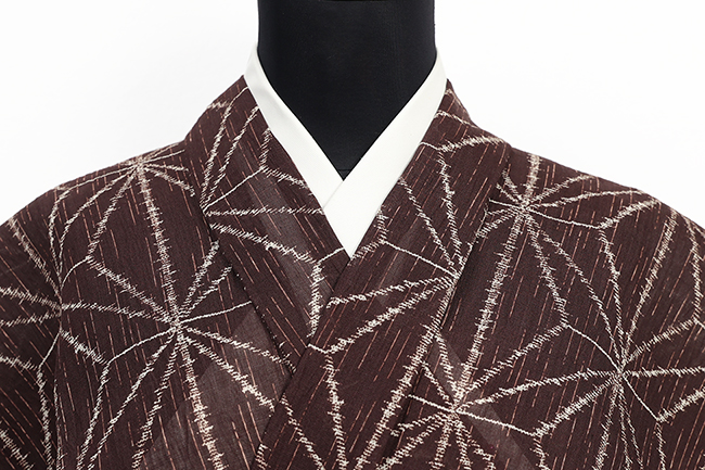 近江ちぢみ IKS 本麻 夏着物 広幅 楊柳 本麻絣調 麻の葉 焦茶