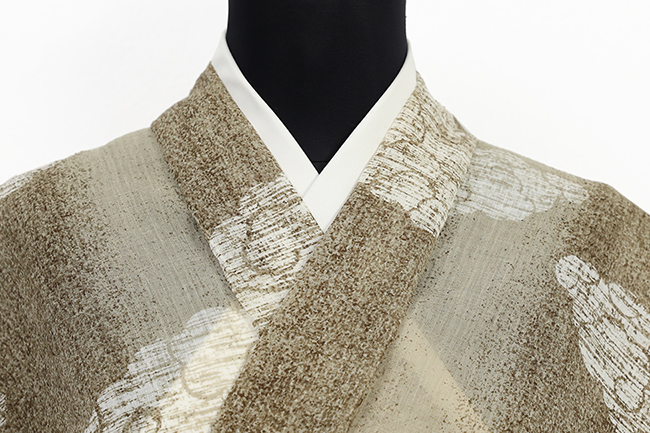 近江ちぢみ IKS 本麻 夏着物 広幅 楊柳 本麻絣調 ぼかし瑞雲 ベージュ