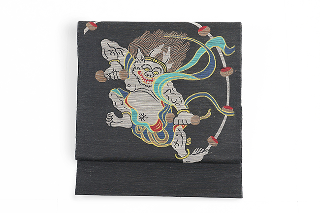 西陣 蔦屋久兵衛 絹麻 九寸名古屋帯 雷神 チャコールグレー