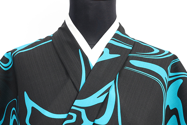 【4/24ライブショッピング紹介商品】コシノジュンコ ポリエステル着物 浴衣 セオα ウェーブ 黒×青