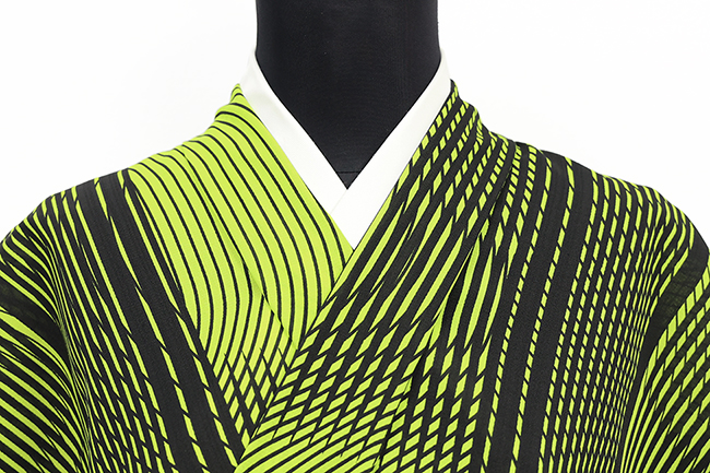 【4/24ライブショッピング紹介商品】コシノジュンコ ポリエステル着物 浴衣 セオα ストライプ 黒×ライムイエロー