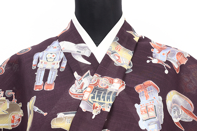 井登美 itomi 浴衣(ゆかた) 優華壇 綿 ブリキ玩具の世界 臙脂に多色 ◆男女兼用◆