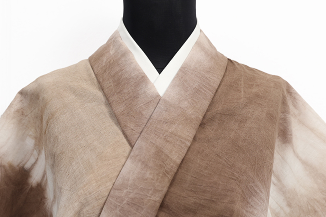 【5/1ライブショッピング紹介商品】あづまやオリジナル 三河綿麻 綿麻着物 絞り染め 二色分け染 薄茶