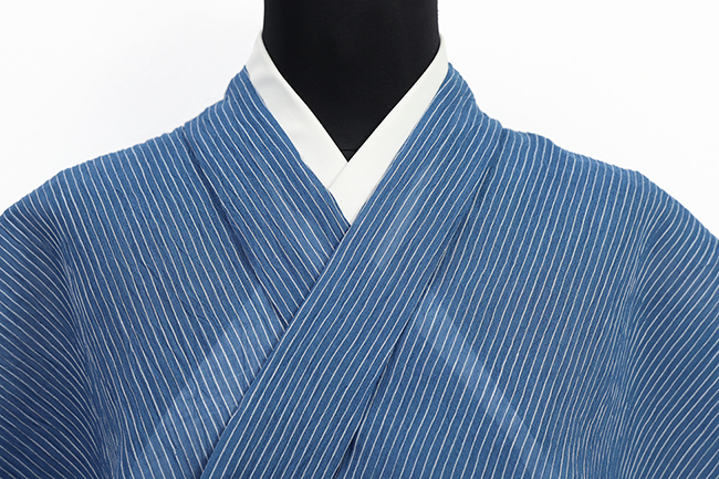 本麻 夏着物 小千谷ちぢみ 楊柳 広幅 縞 青 N83