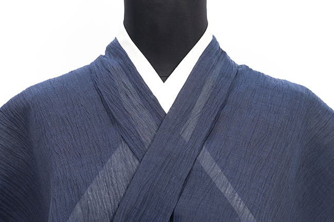 本麻 夏着物 小千谷ちぢみ 楊柳 広幅 無地 紺 62