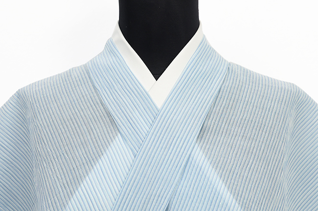 本麻 夏着物 小千谷ちぢみ 吉新織物 楊柳 広幅 縞 水色 586