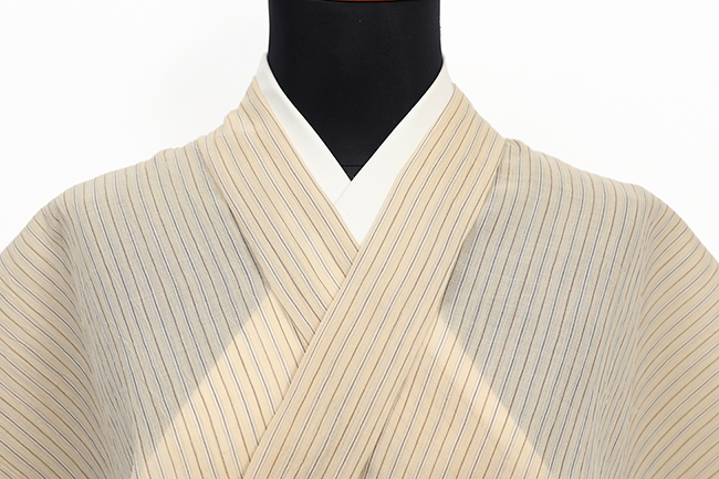 本麻 夏着物 小千谷ちぢみ 吉新織物 楊柳 広幅 縞 ベージュ 329