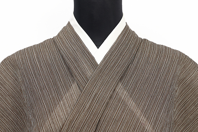 本麻 夏着物 小千谷ちぢみ 楊柳 広幅 縞 焦茶 50
