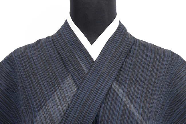 本麻 夏着物 小千谷ちぢみ 楊柳 広幅 縞 濃紺×黒 N70