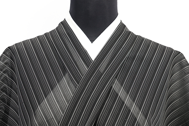 【7/3ライブショッピング紹介商品】西陣 秦流舎 正絹 紗 夏着物 玉繭衣 縞 黒×灰色
