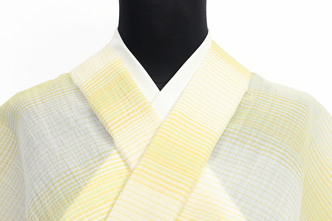 小千谷ちぢみ 本麻 夏着物 吉新織物 楊柳 広幅 縞 黄色×白 2