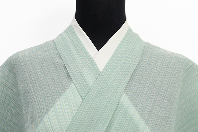 小千谷ちぢみ 本麻 夏着物 吉新織物 楊柳 広幅 縞 薄青緑 615