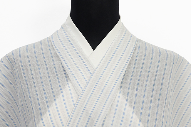 小千谷ちぢみ 本麻 夏着物 楊柳 広幅 縞 白×青 N10