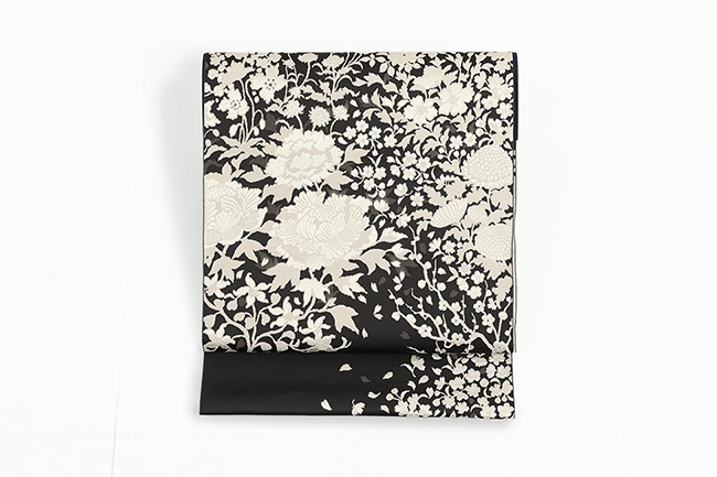 【受注生産品】西村織物 Rライン 博多織 正絹 八寸名古屋帯 Asian FLOWERS MAP アイボリーブラック