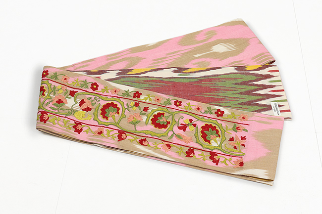 ウズベキスタン 半幅帯 絣 イカット HSO-19 ベージュ×ピンク