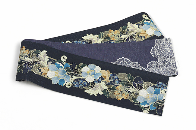 召しませ花 正絹 半幅帯 リバーシブル Vintage Flora 紺