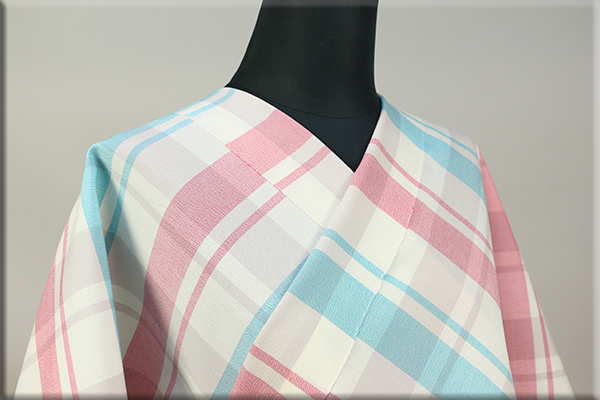 三勝 シルクウール着物 格子 水色×ピンク 4244-443 ◆男女兼用◆