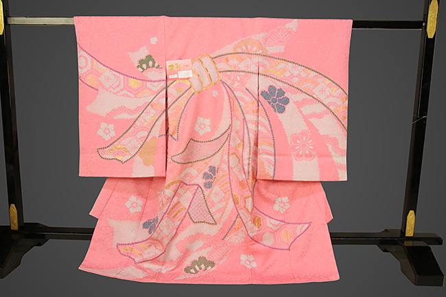 女児着物 お宮参り祝い着 ピンク地 束ね熨斗柄 のしめ初着 産着