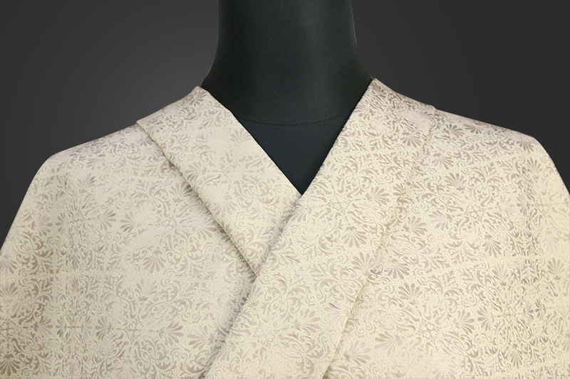 【受注生産品】ワタマサ 洗える正絹お召し着尺 千八三重織 ベージュ経 アラベスク菱文 no.03古代紫