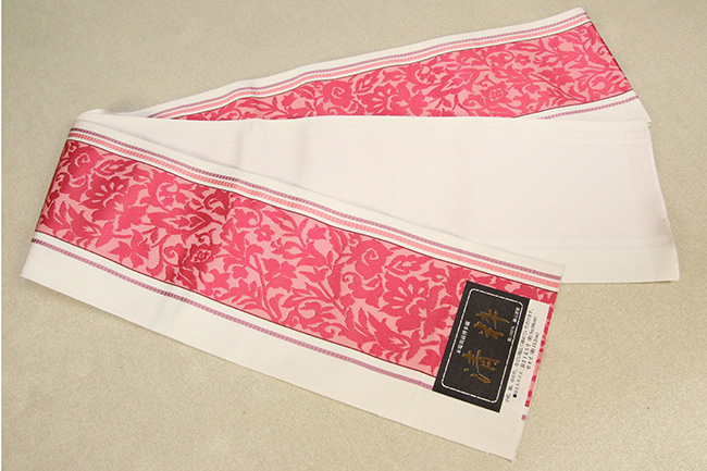 博多織 正絹 半幅帯 清粋 唐草紋 アイボリー×赤