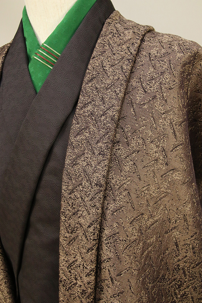 柴田織物 正絹お召し着尺 羽織仕立て付 後染 柿渋縞鋼板 金茶