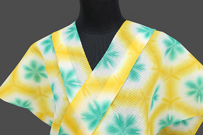 藤井絞 浴衣(ゆかた) 綿麻 紅梅 雪花絞 黄×青緑 ◆女性にオススメ◆