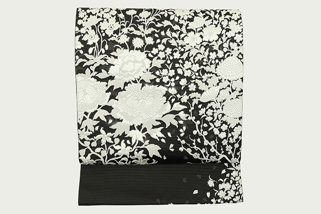 【受注生産品】西村織物 Rライン 博多織 正絹 八寸名古屋帯 FLOWERS MAP アイボリーブラック