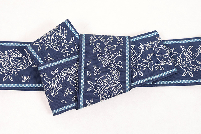 博多織 男帯 正絹 鳥獣戯画 青