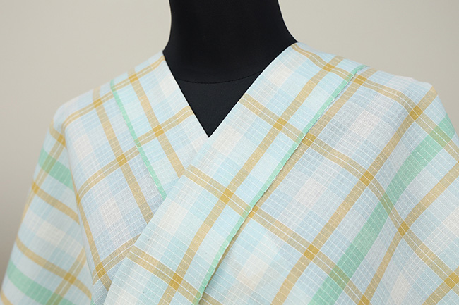 綿麻 紅梅 夏着物 越後型染 紺仁工房 チェック 水色×緑×黄