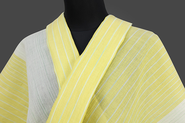 本麻 夏着物 小千谷ちぢみ 吉新織物 楊柳  ストライプ 白×黄×緑