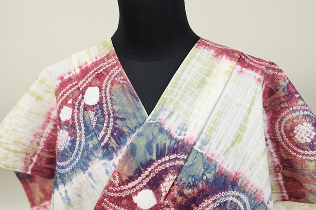 絞り染 浴衣(ゆかた) トリエ 白×赤×青◆女性にオススメ◆