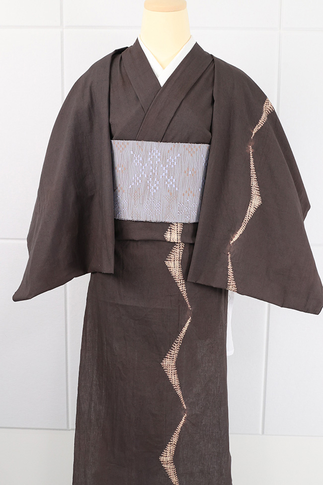 【受注商品】綿麻着物 あづまや×有松絞りオリジナル 波線 茶