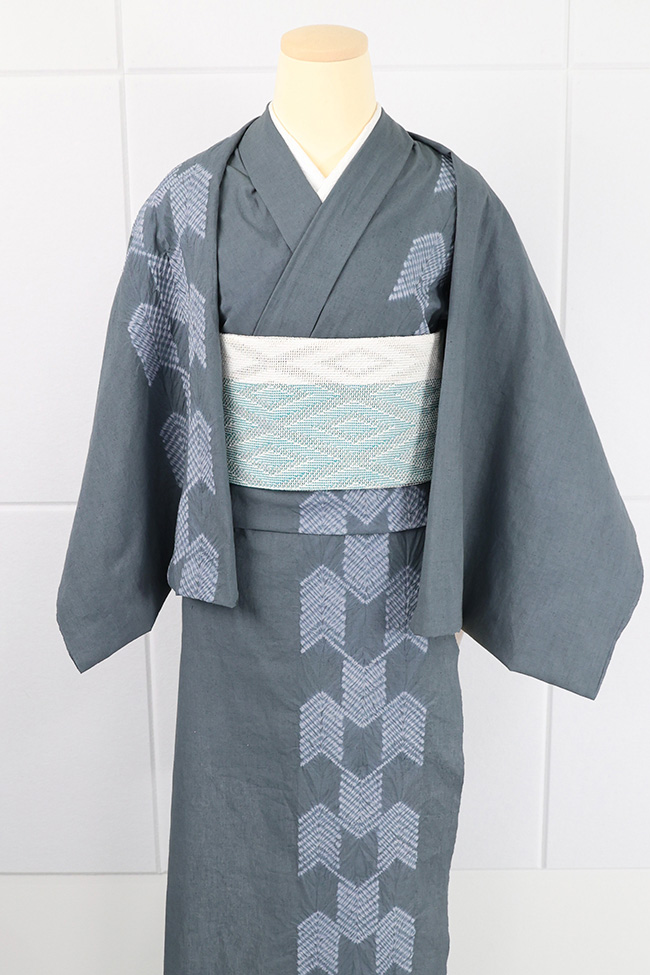 【受注商品】綿麻着物 あづまや×有松絞りオリジナル 矢羽根 灰