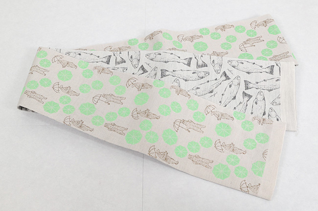 西陣織 蔦屋久兵衛 絹麻両面半幅帯 クマ ベージュ