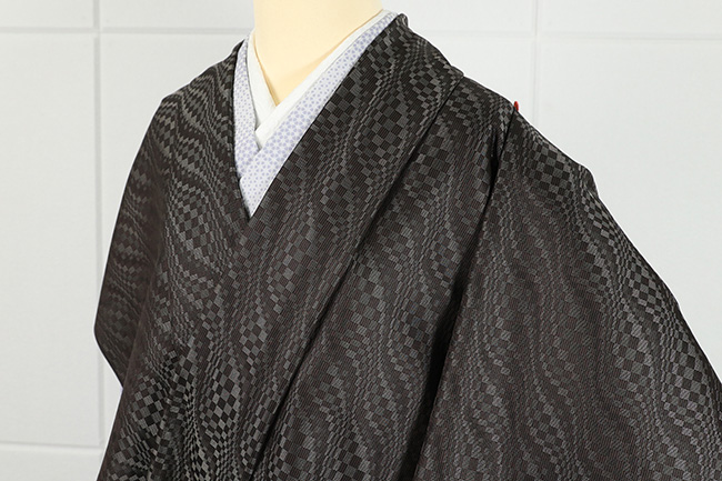 正絹 お召着尺 撥水加工済 黒×灰　★単衣の雨コート・広バチコート・羽織などに