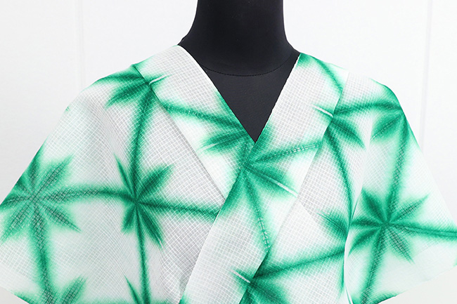 藤井絞 浴衣(ゆかた) 綿麻 紅梅 雪花絞 緑×白 ◆女性にオススメ◆