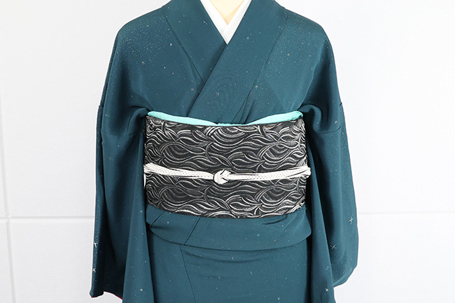 ワタマサ ひとえ八寸帯（兵児帯）万年青 黒×プラチナ