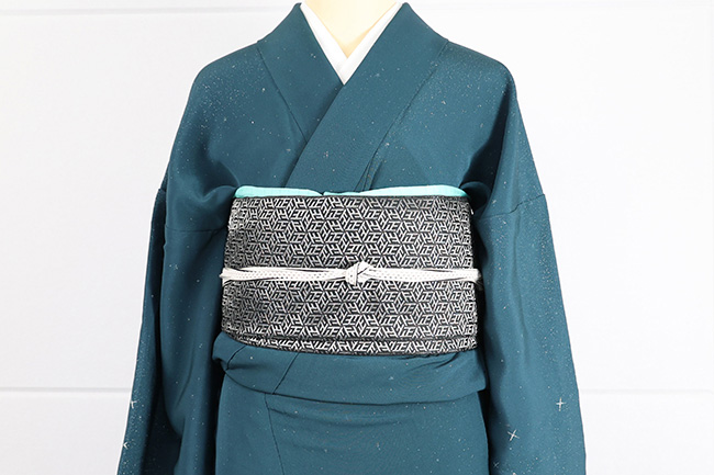 ワタマサ ひとえ八寸帯（兵児帯）正六角 黒×プラチナ