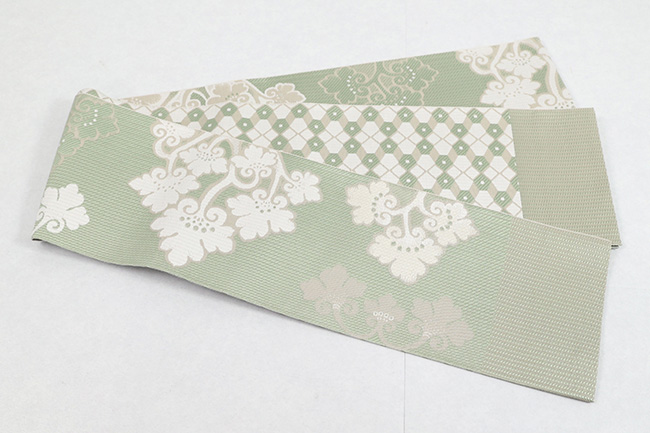 博多織 正絹 半幅帯 花 灰緑