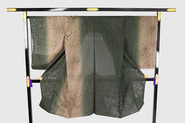 小室庵 正絹紋紗 羽織 木目脇ぼかし 深緑×茶