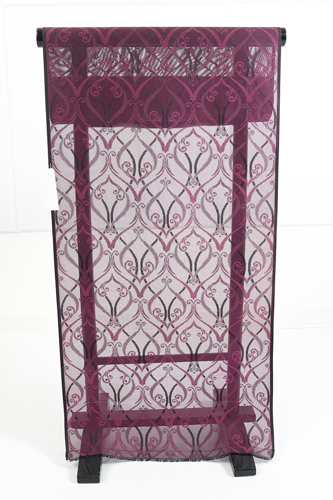 正絹 紋紗 着物  型染 アラベスク 赤紫