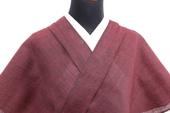 本麻 夏着物 近江ちぢみ 楊柳  無地 えんじ