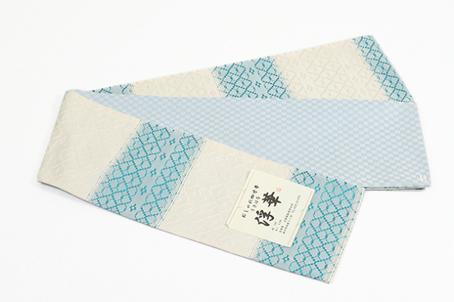 米沢織 近賢織物 半幅帯 リバーシブル 浮華 青緑×白