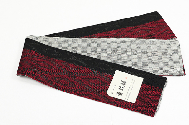 米沢織 近賢織物 半幅帯 菱紋様 菱型 リバーシブル 赤×黒