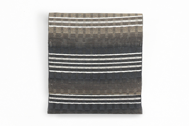 西陣 正絹 絽 紗 九寸名古屋帯 夏帯 笹和紙糸 京格子 灰色×ベージュ