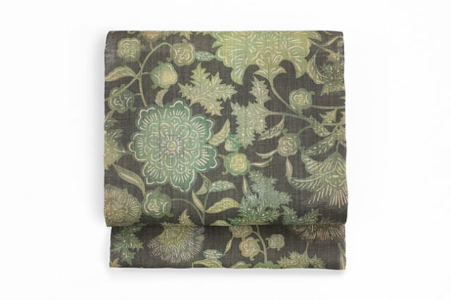 麻 九寸名古屋帯 夏帯 染め 更紗 緑