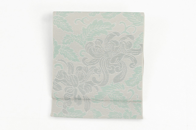 本麻 八寸名古屋帯 夏帯 花  灰色×薄緑